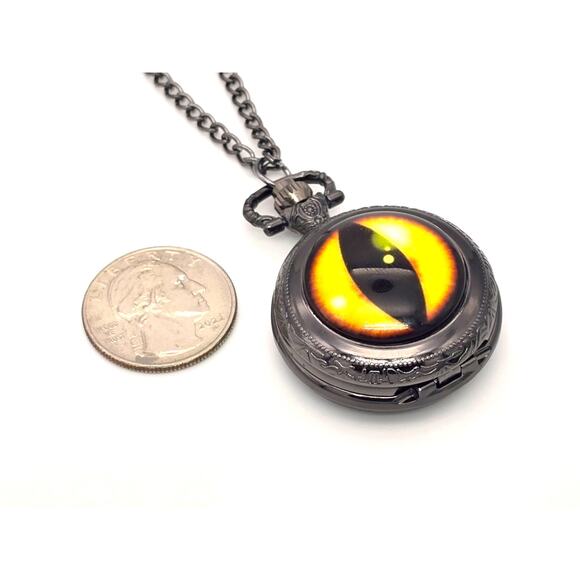 Cat Eye Dragon Pocket Watch – Mystical Beast Design, Black Finish, Unique Gift - Picture 5 of 9